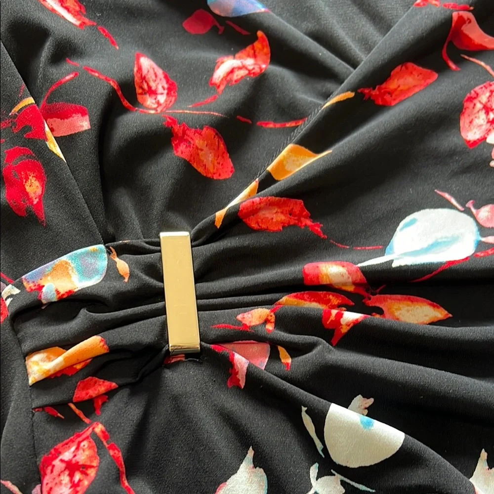 Jennifer Lopez Floral V-Neck Faux Wrap Dress - Black Multicolor